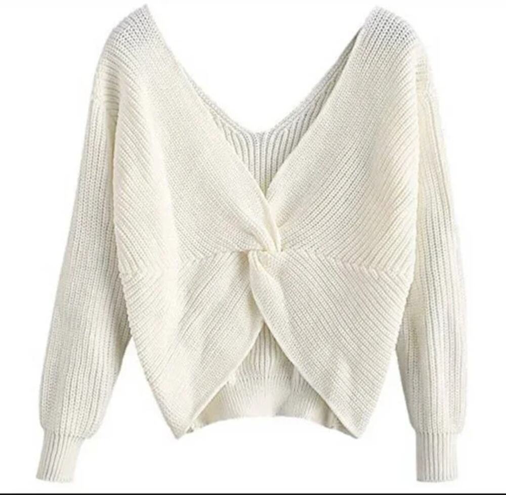 NWT Commense Long Sleeve Twist Front V-Neck Knit Sweater Cream Women's Size S